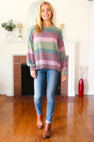 Classic Chic Olive & Burgundy Striped Textured Knit Top