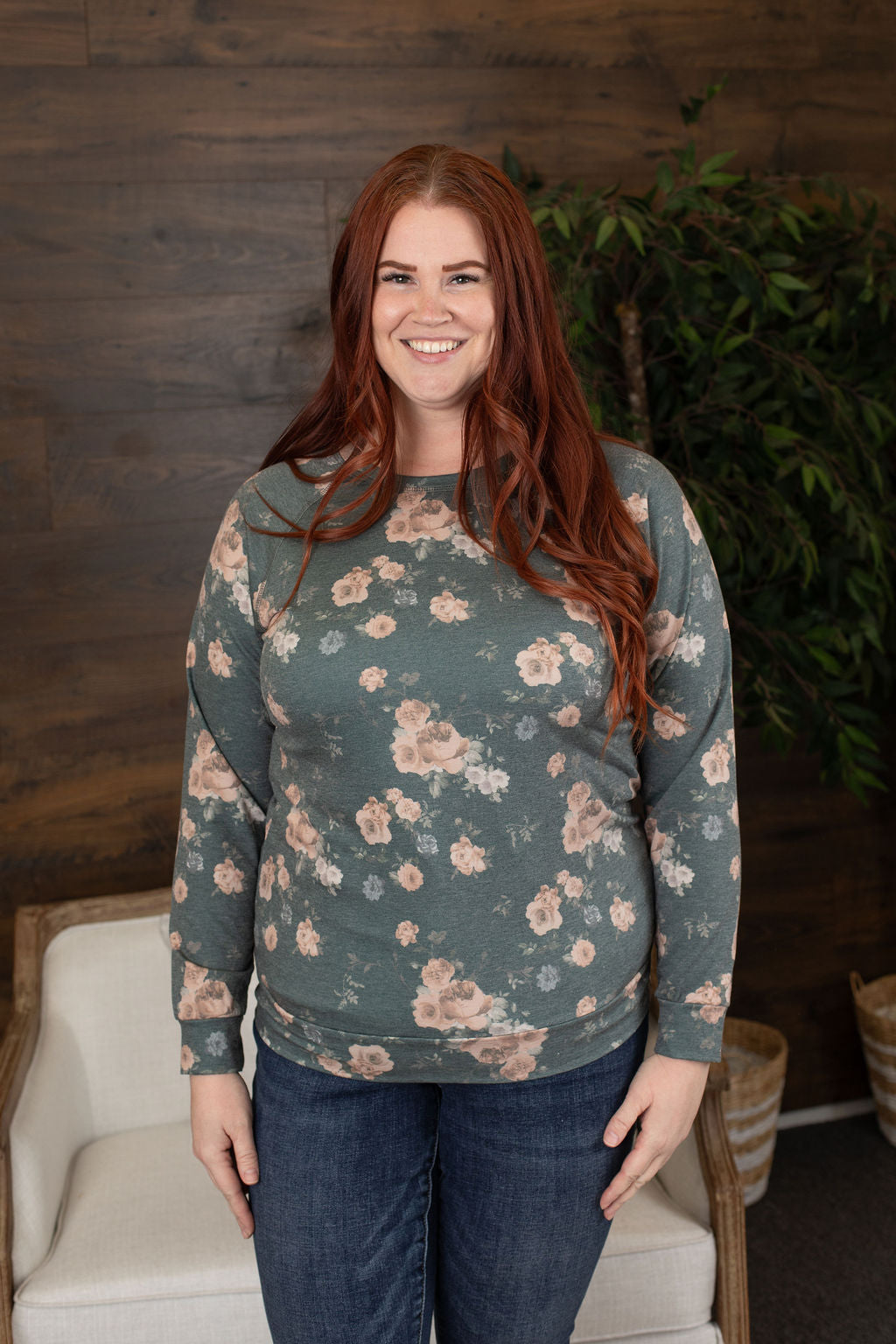 Michelle Mae Kayla Lightweight Pullover - Green and Tan Floral
