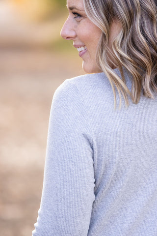 Brielle Henley Ribbed Long Sleeve - Light Grey