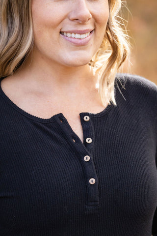 Brielle Henley Ribbed Long Sleeve - Black