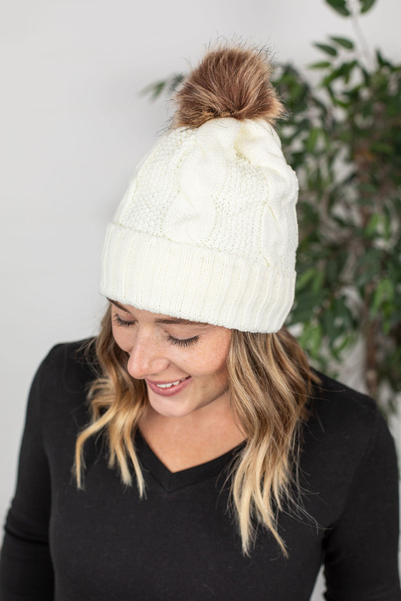 Michelle Mae Carly Cable Knit Beanie - Ivory