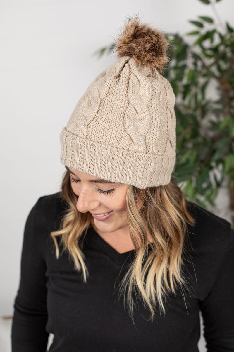 Michelle Mae Carly Cable Knit Beanie - Tan
