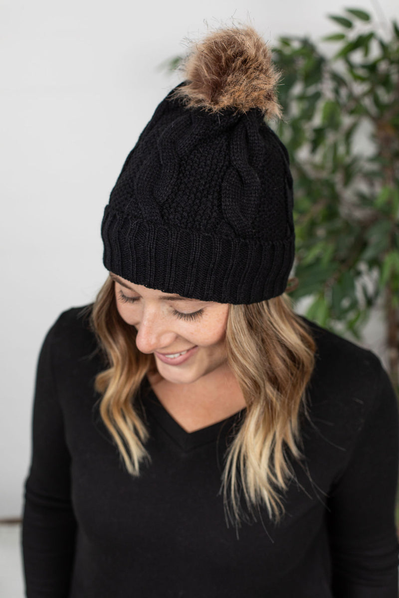 Michelle Mae Carly Cable Knit Beanie - Black