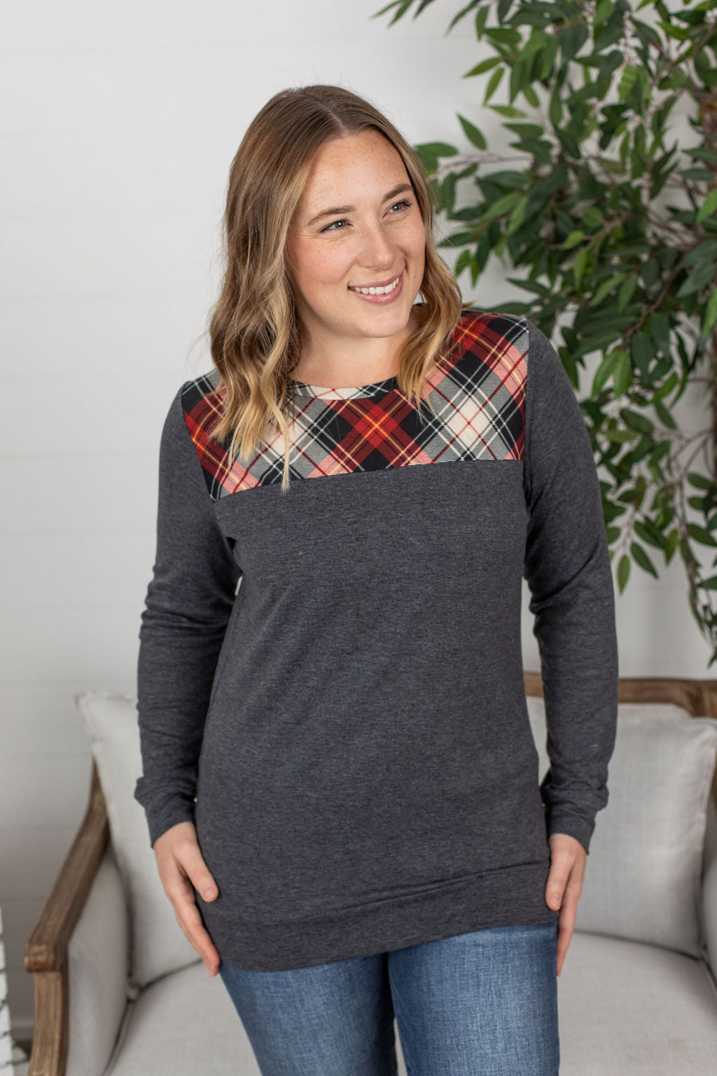 Michelle Mae Abby Accent Top - Charcoal and Red Plaid