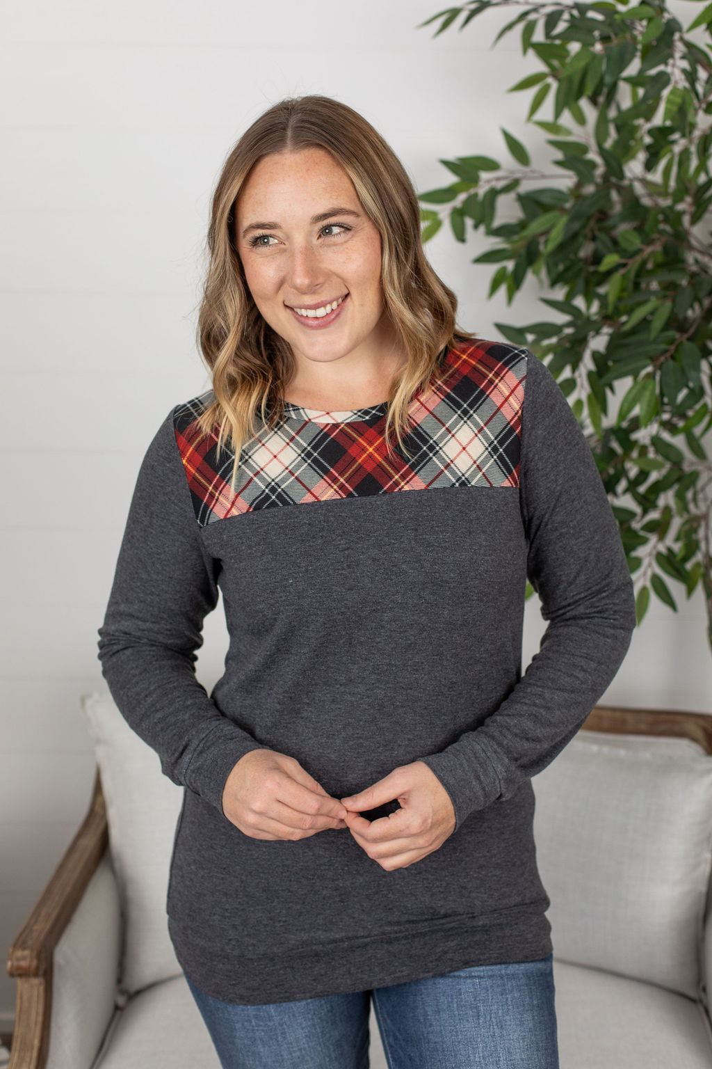 Michelle Mae Abby Accent Top - Charcoal and Red Plaid