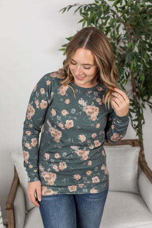 Michelle Mae Kayla Lightweight Pullover - Green and Tan Floral