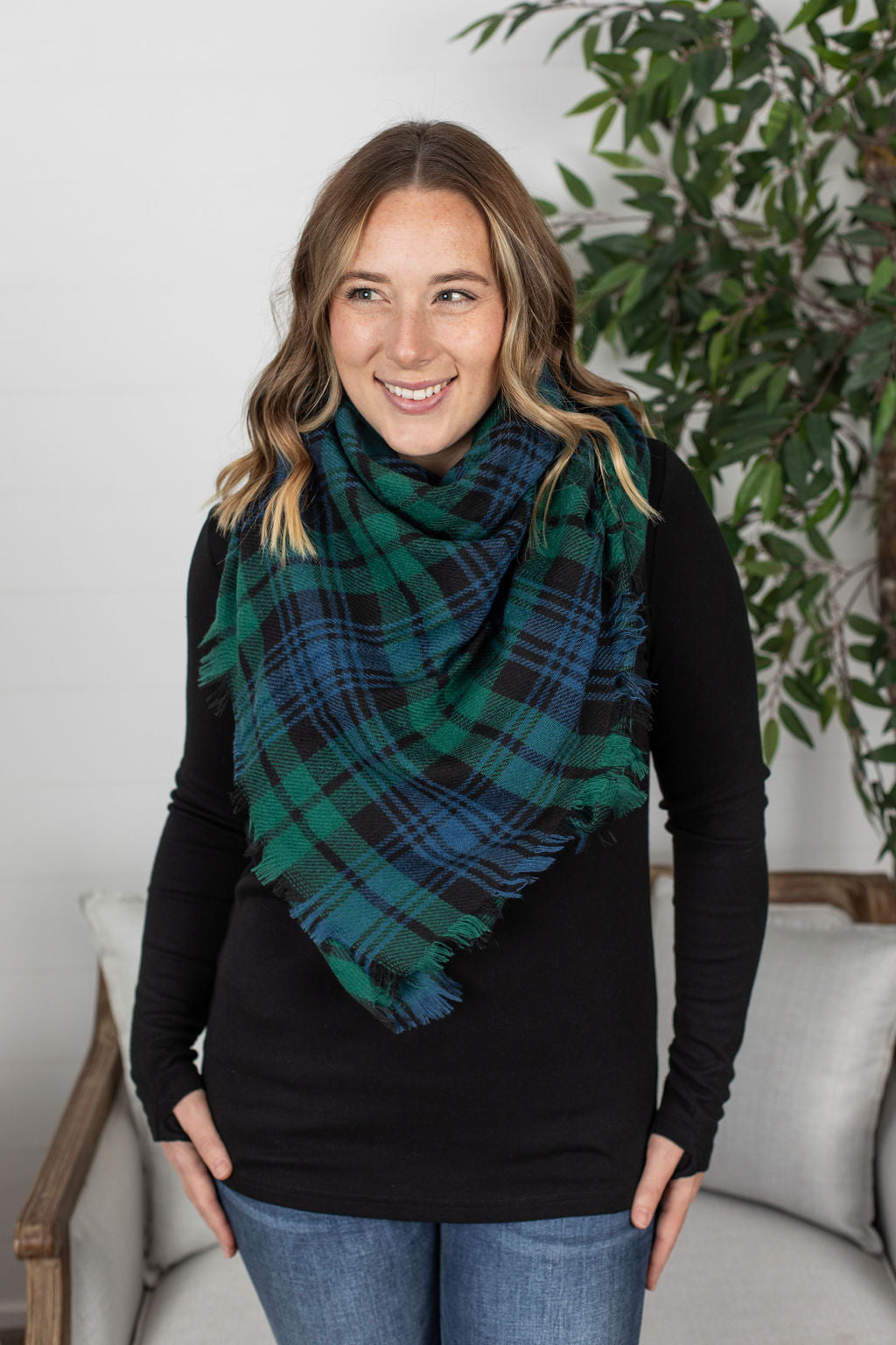 Michelle Mae Blanket Scarf - Green and Navy Plaid