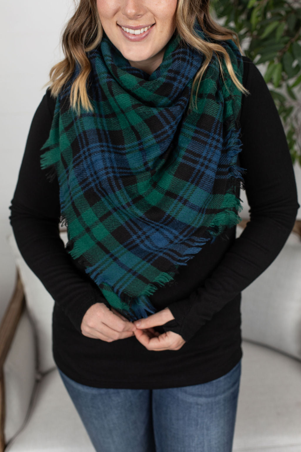 Michelle Mae Blanket Scarf - Green and Navy Plaid
