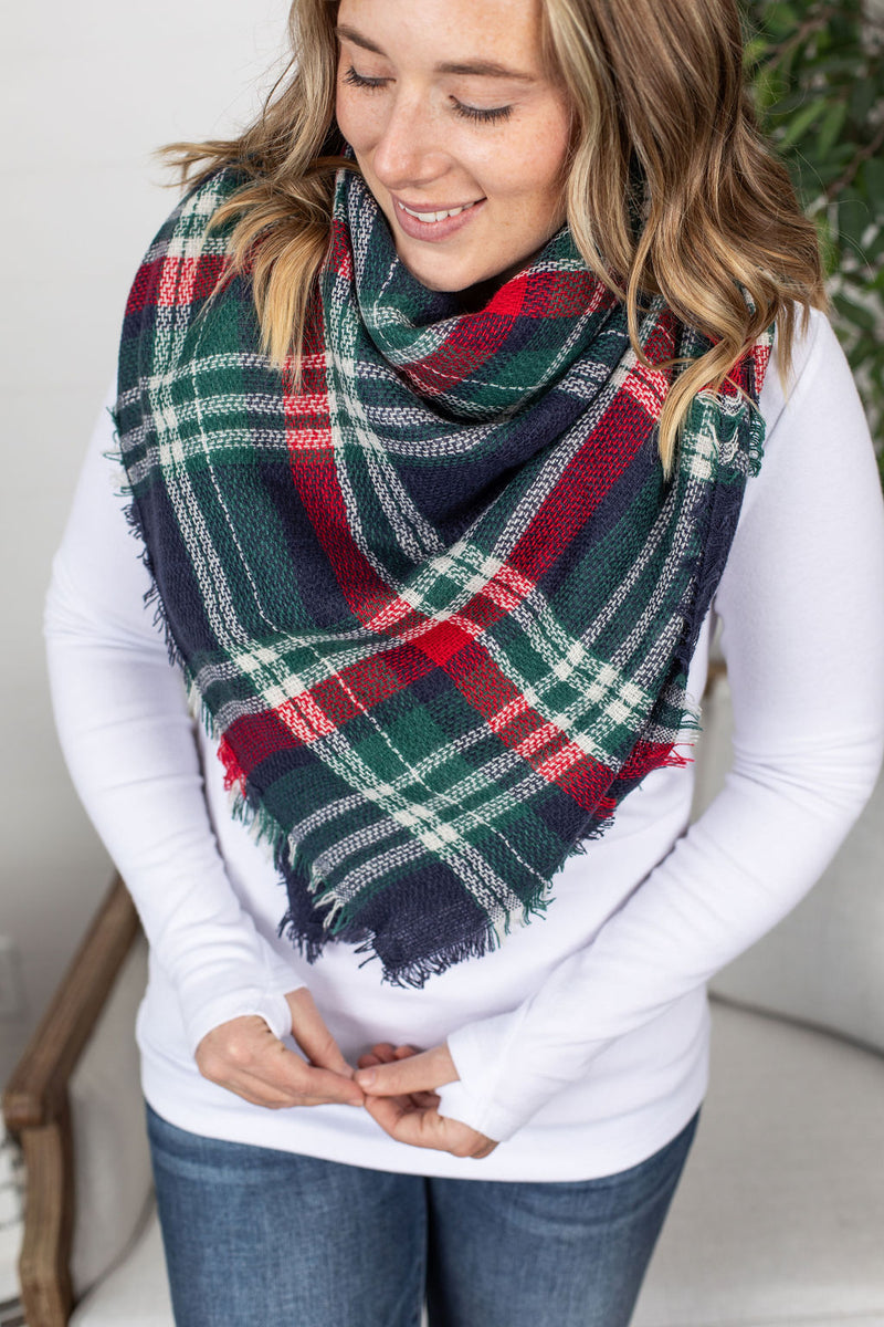 Michelle Mae Blanket Scarf - Blue, Red and Green Plaid