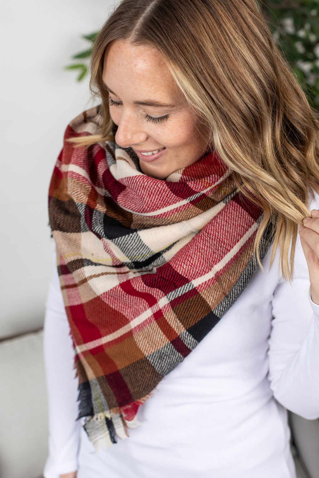 Michelle Mae Blanket Scarf - Red and Cream Plaid