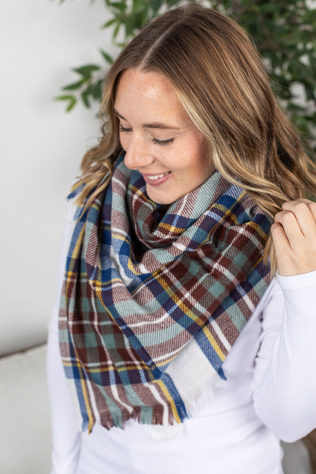 Michelle Mae Blanket Scarf - Blue and Brown Plaid