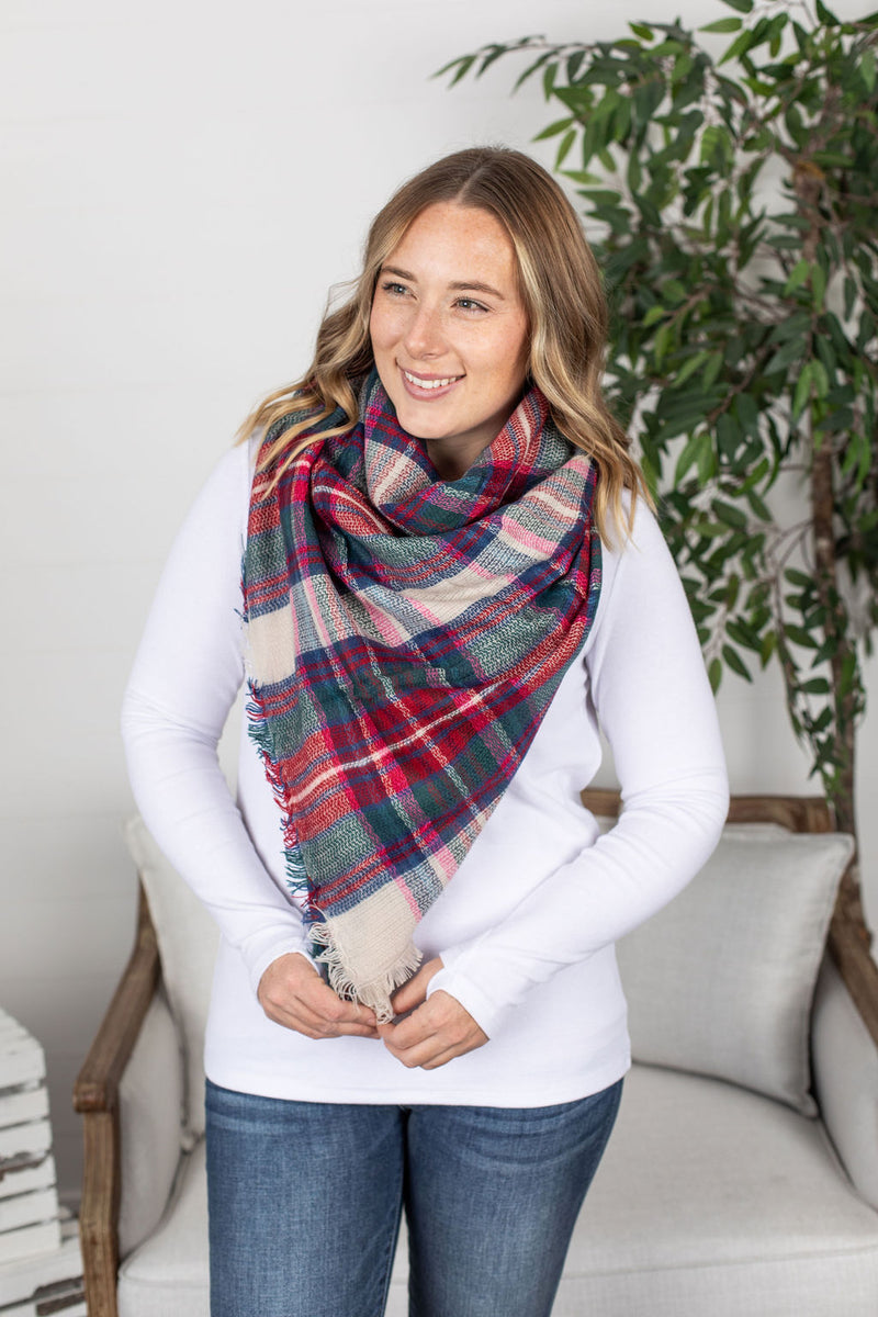 Michelle Mae Blanket Scarf - Magenta and Green Plaid
