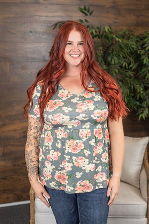 Michelle Mae Sarah Ruffle Top - Grey with Pink Floral