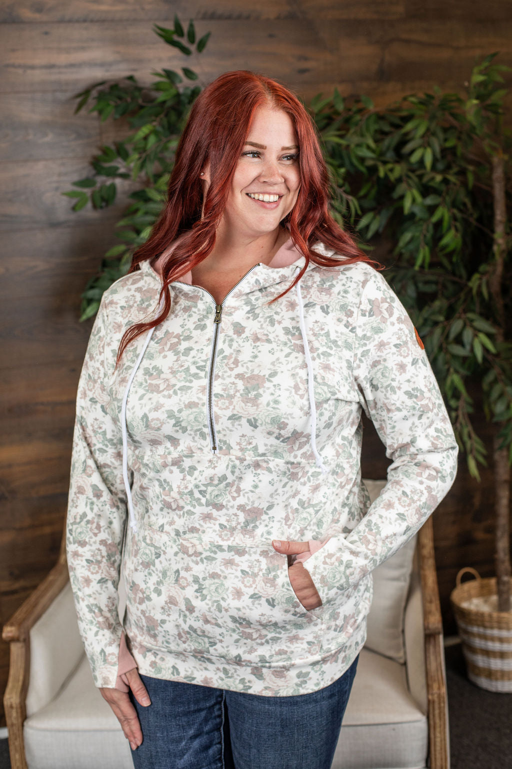 Michelle Mae Classic Halfzip Hoodie - Floral with Blush Accent
