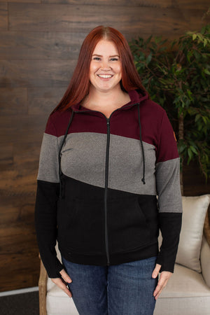 Michelle Mae Classic Colorblock FullZip - Burgundy, Grey, and Black