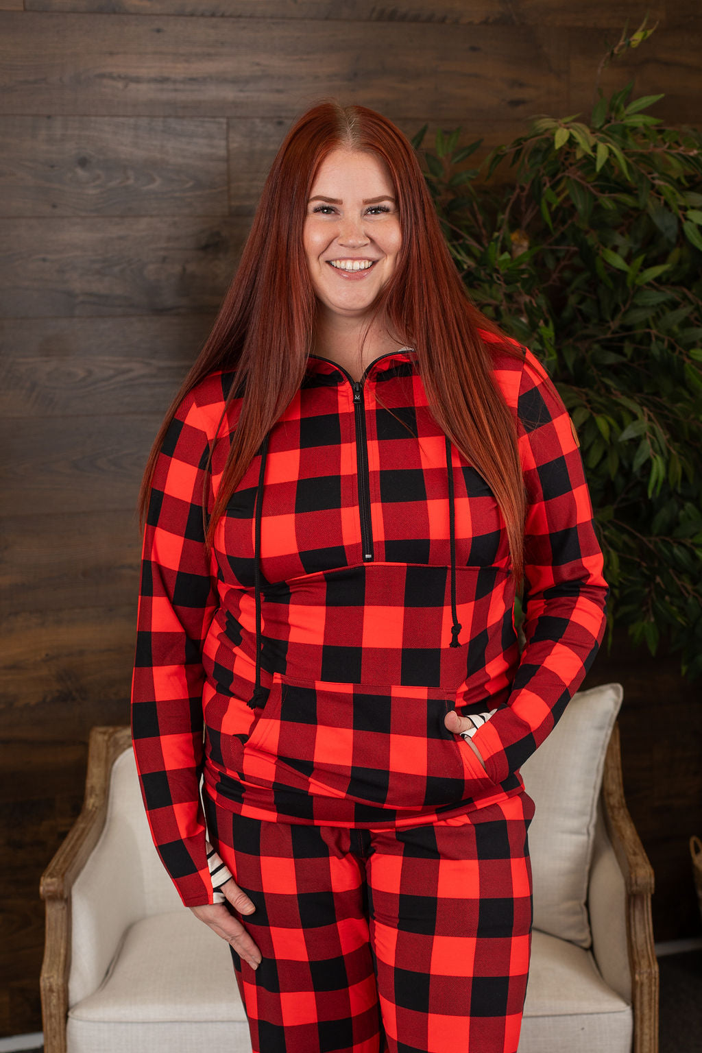 Michelle Mae Cloud HalfZip Hoodie - Buffalo Plaid and Stripes