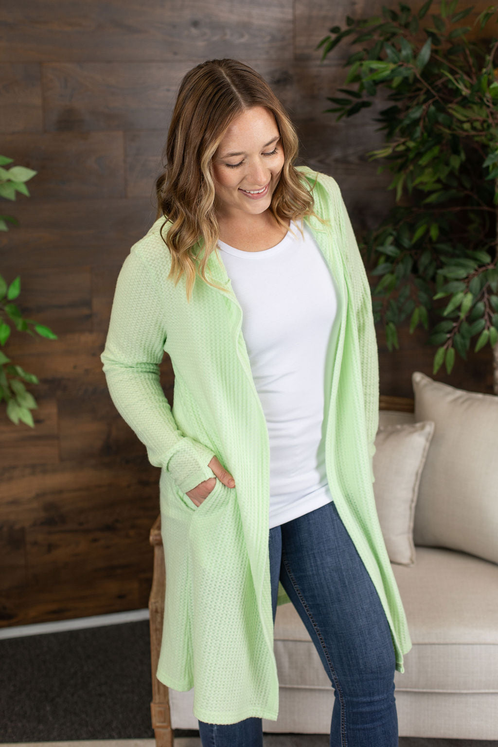 Michelle Mae Claire Hooded Waffle Cardigan - Lime