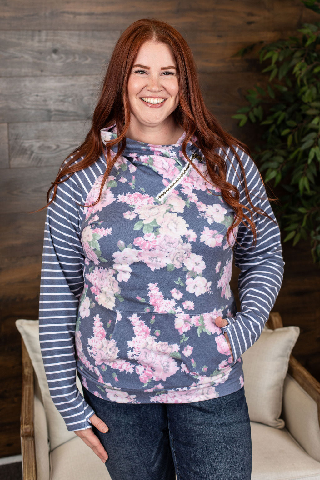 Michelle Mae Classic Zoey ZipCowl Sweatshirt - Navy Floral Pattern Mix