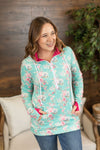 Michelle Mae Classic Halfzip Hoodie - Mint Floral with Pink Accents
