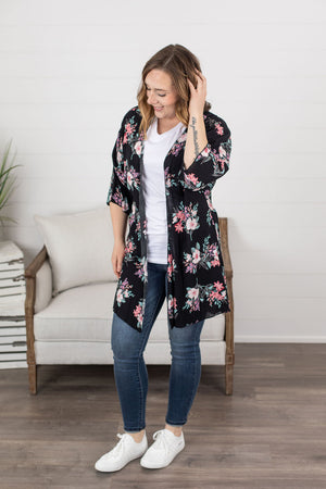 Michelle Mae Black and Pink Floral Kimono