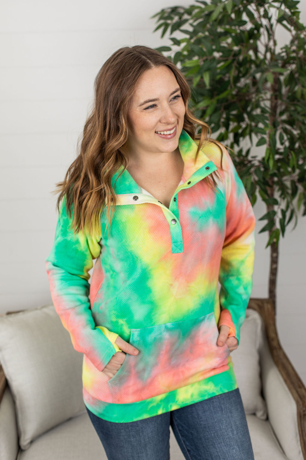 Michelle Mae Quilted Button Snap Pullover - Tie Dye Mojito