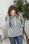 Michelle Mae Avery Accent HalfZip Hoodie - Grey and Aqua