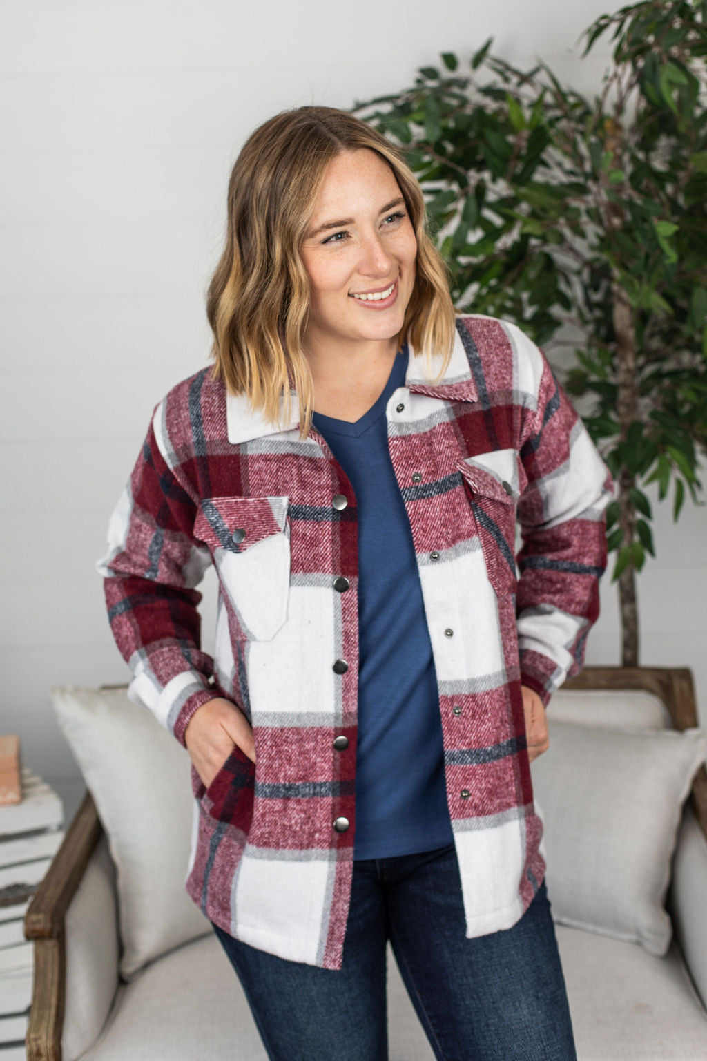 Michelle Mae Norah Plaid Shacket - Red and Navy Mix