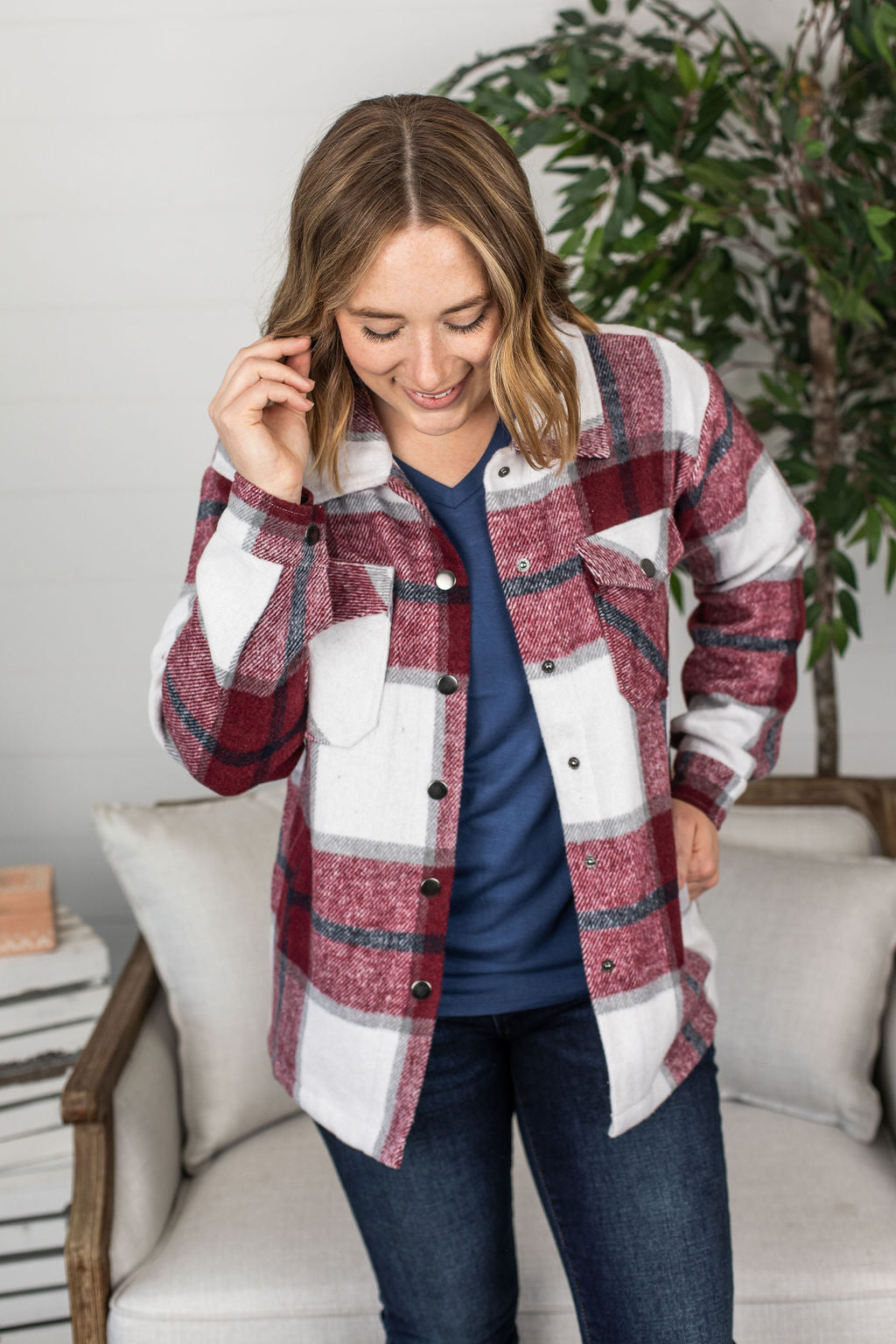 Michelle Mae Norah Plaid Shacket - Red and Navy Mix