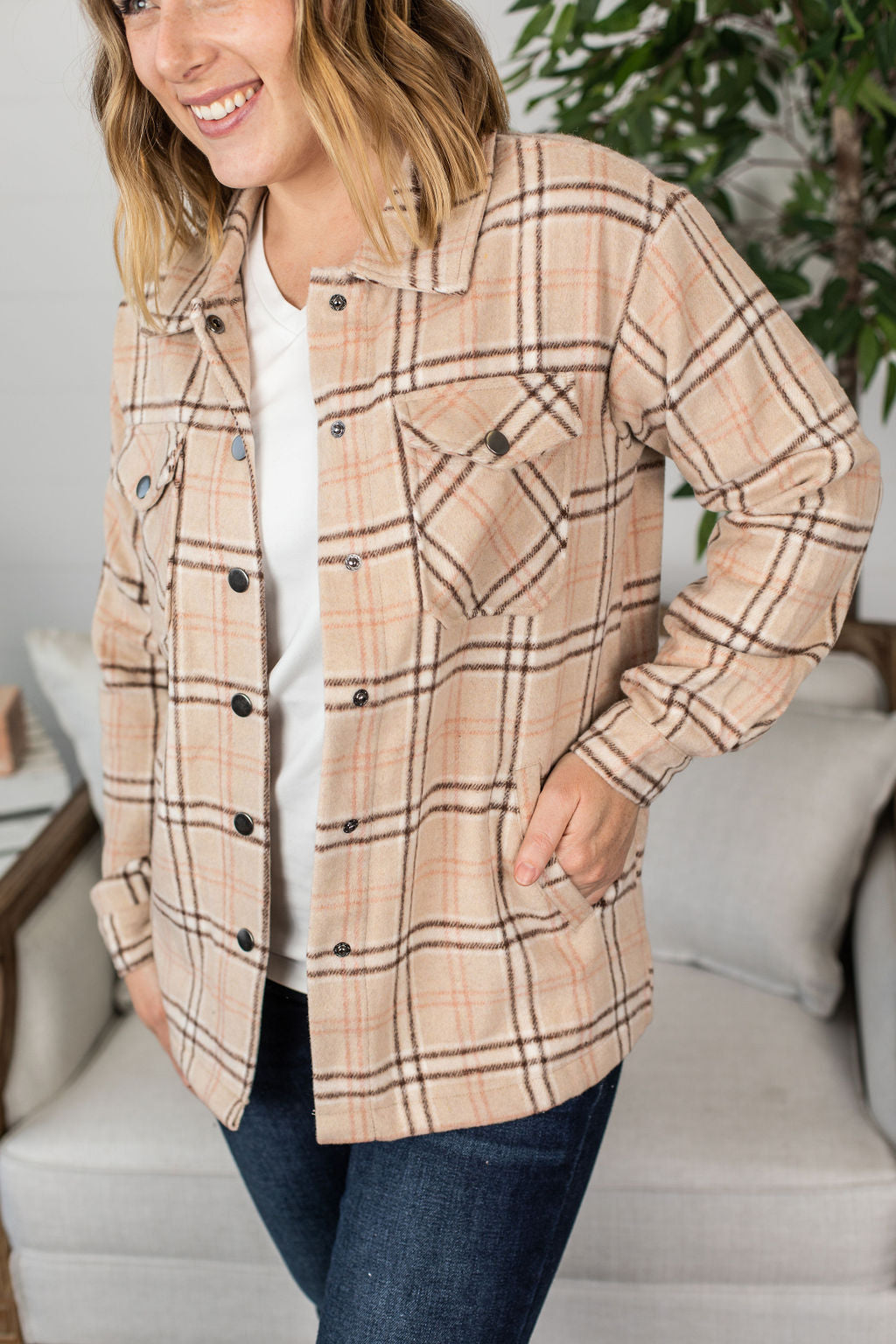 Michelle Mae Norah Plaid Shacket - Light Tan