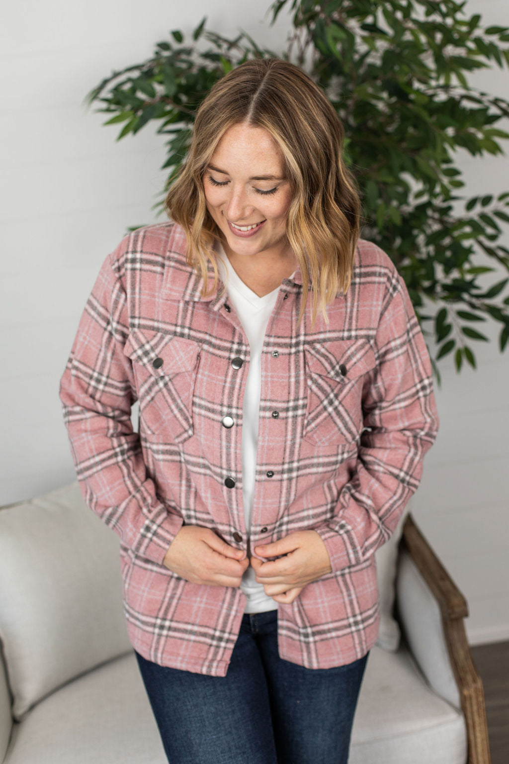 Michelle Mae Norah Plaid Shacket - Pink and Grey
