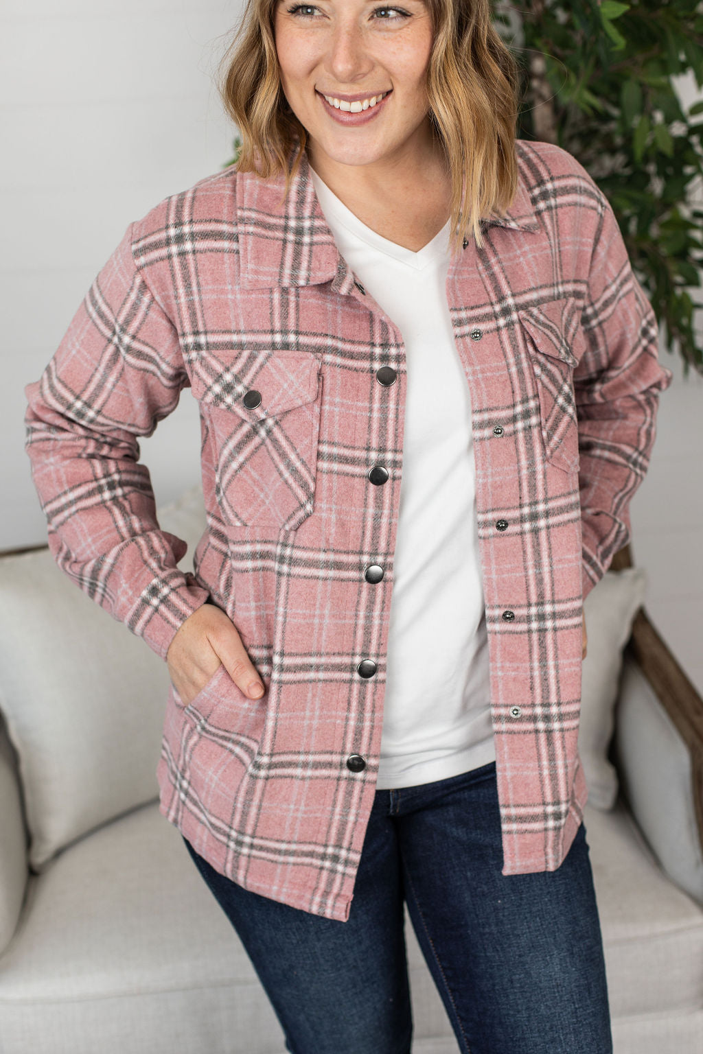 Michelle Mae Norah Plaid Shacket - Pink and Grey