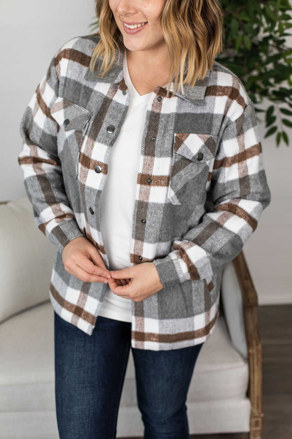 Michelle Mae Norah Plaid Shacket - Grey and Tan Plaid