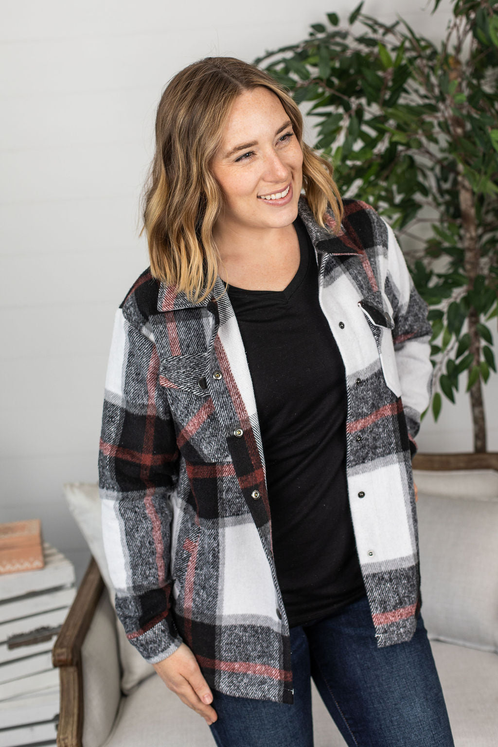 Michelle Mae Norah Plaid Shacket - Black and Micro Red Mix