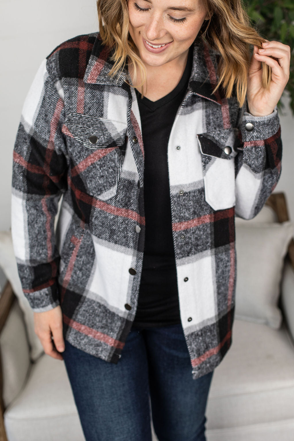 Michelle Mae Norah Plaid Shacket - Black and Micro Red Mix