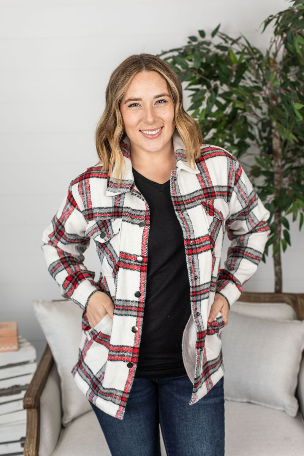 Michelle Mae Norah Plaid Shacket - Red and Grey