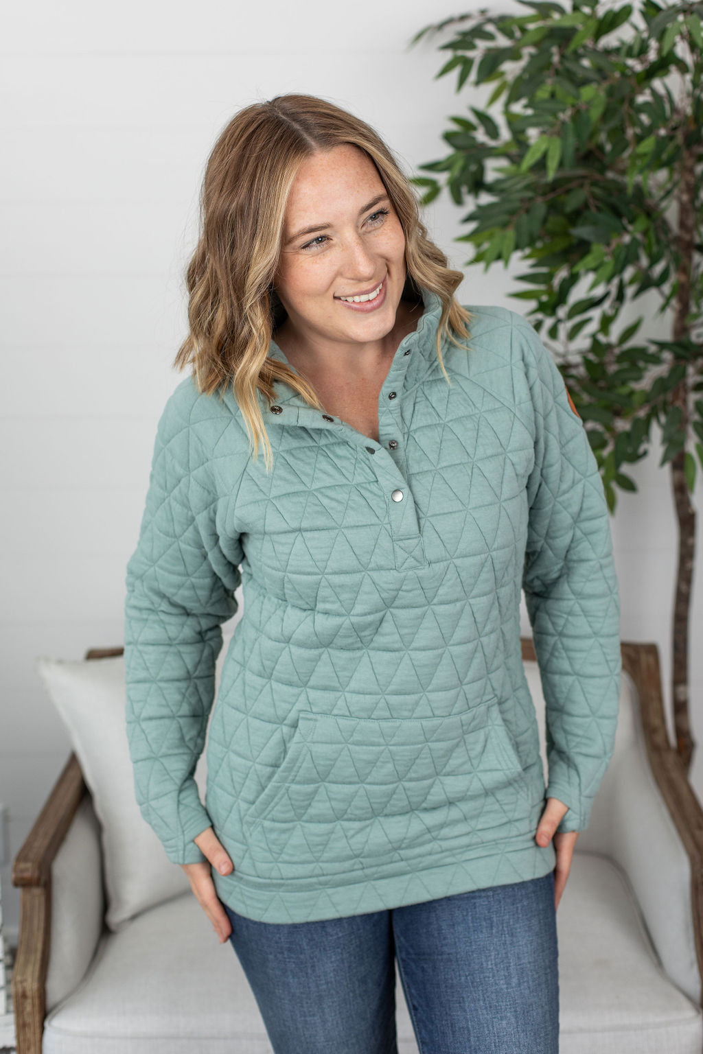 Michelle Mae Geometric Button Snap Pullover - Sage