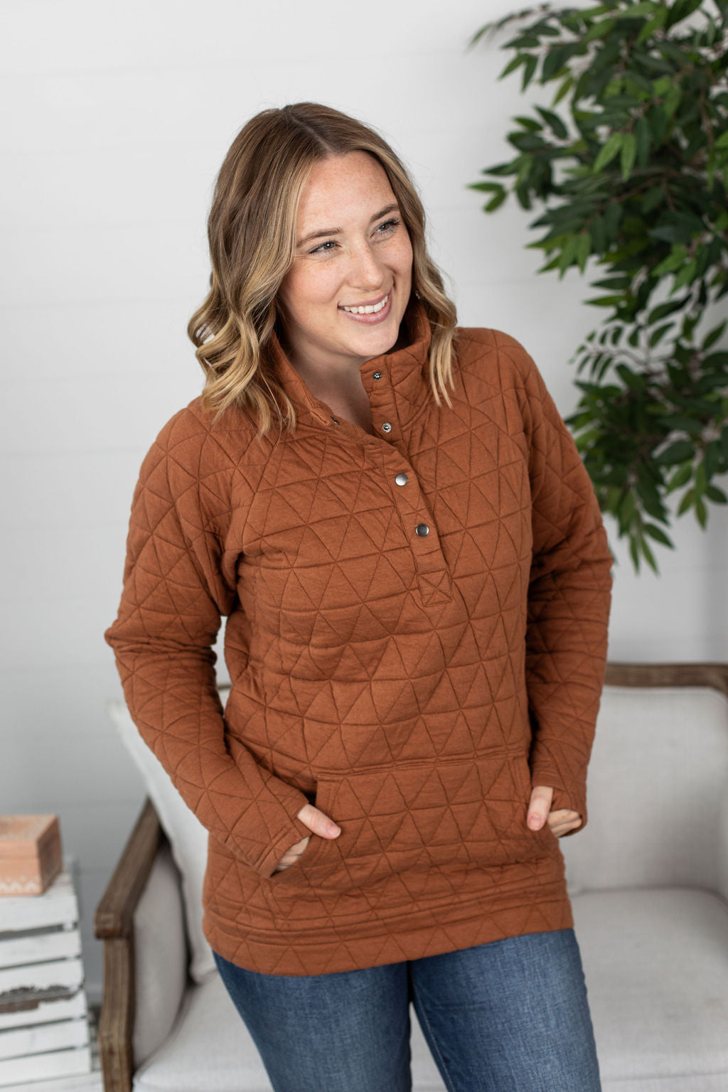 Michelle Mae Geometric Button Snap Pullover - Rust