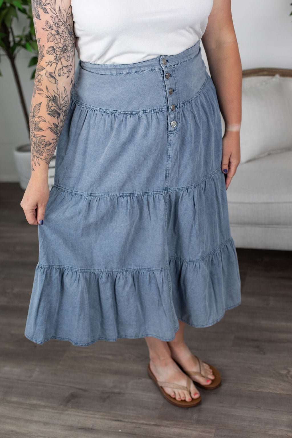 Tiered denim skirt shop plus size