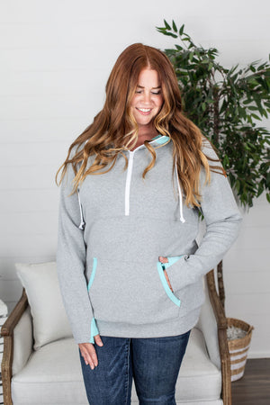 Michelle Mae Avery Accent HalfZip Hoodie - Grey and Aqua