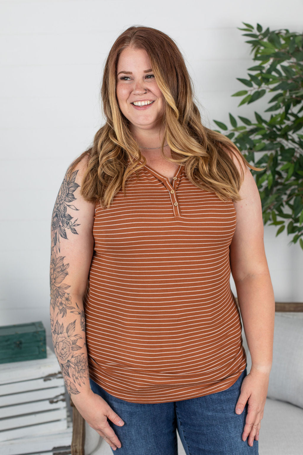 Michelle Mae Addison Henley Tank - Rust w/ White Stripes
