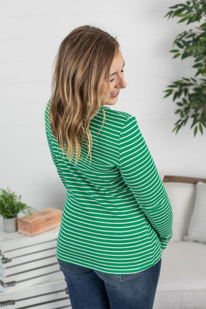 Michelle Mae Harper Long Sleeve Henley - Green and White Stripe FINAL SALE