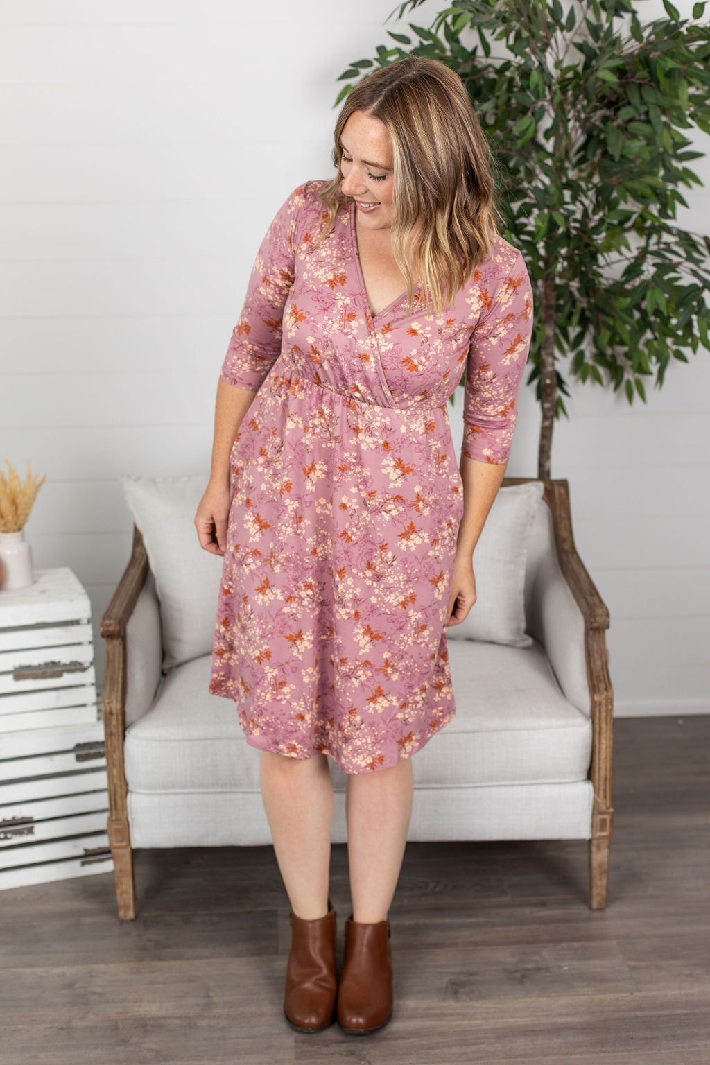 Michelle Mae Taylor Dress - Mauve and Rust Floral