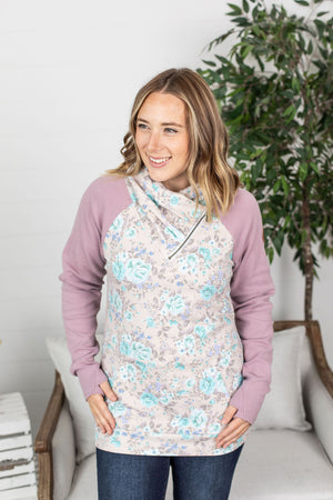 Michelle Mae Classic Zoey ZipCowl Sweatshirt - Mint and Mauve Floral