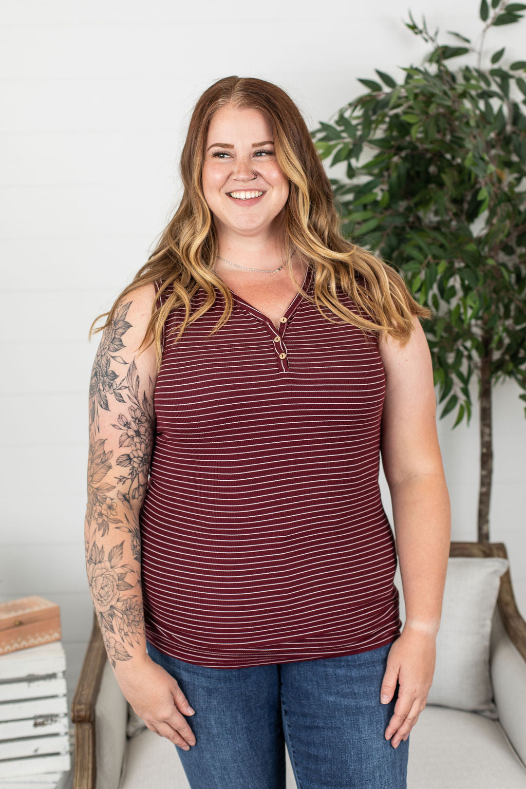 Michelle Mae Addison Henley Tank - Burgundy w/ White Stripes