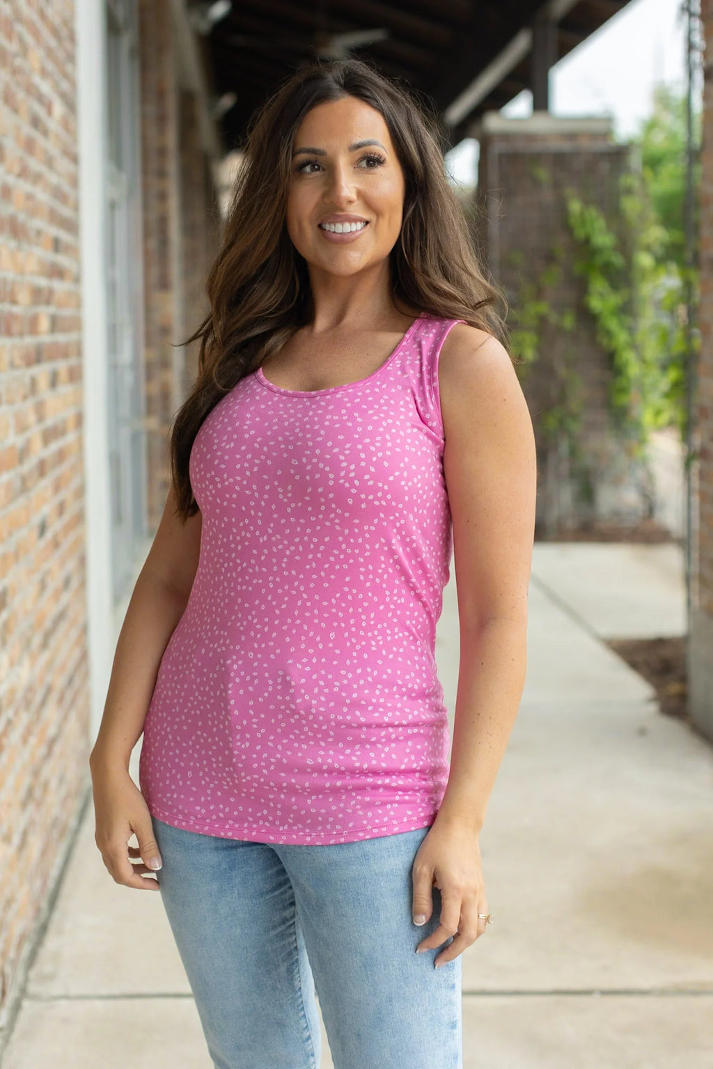 Michelle Mae Luxe Crew Tank - Hot Pink Leaf