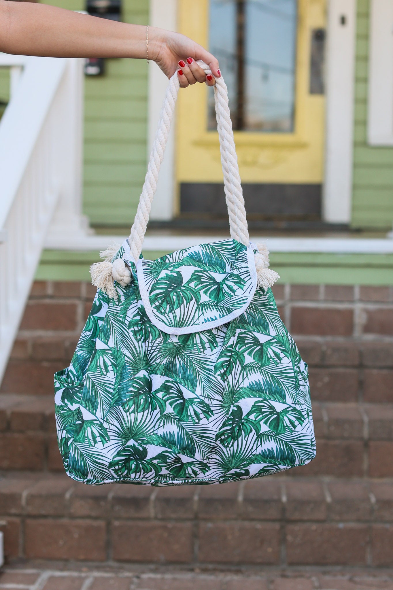 Michelle Mae Rope Handle Beach Bag Top Flap Palm Leaves Ella Lane