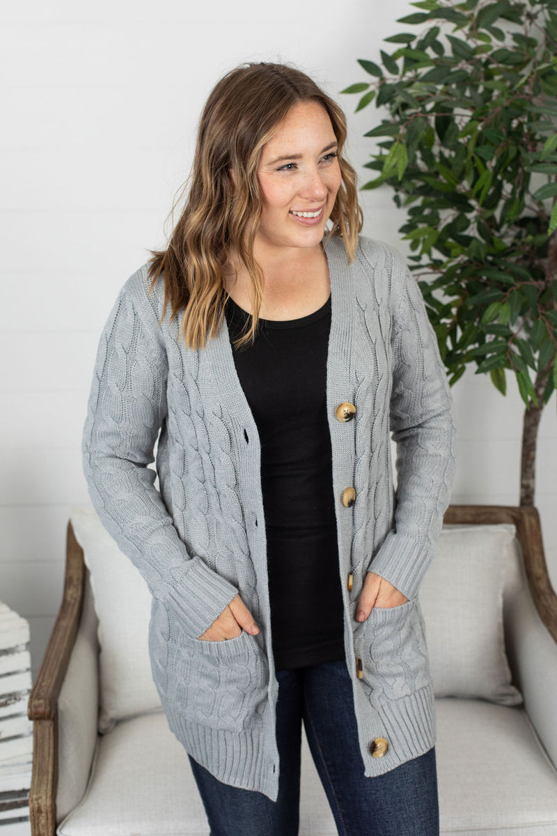 Michelle Mae Button Cardigan - Light Grey