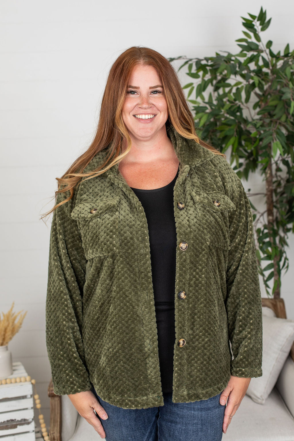 Michelle Mae Fleece Shacket - Dark Olive