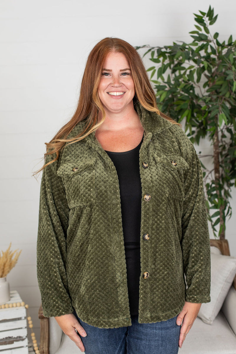 Michelle Mae Fleece Shacket - Dark Olive
