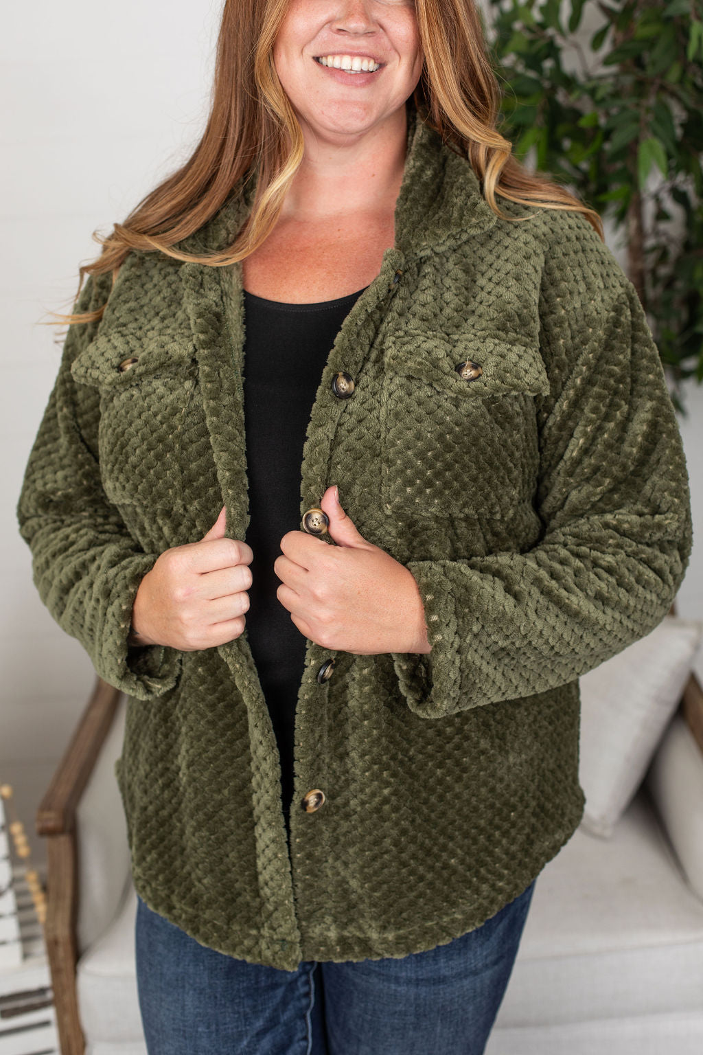 Michelle Mae Fleece Shacket - Dark Olive